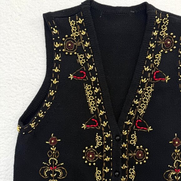 VTG Beaded Sweater Vest Christmas Holiday Teachercore Grandma Womens Black S* - Picture 4 of 15
